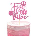 Arthsdite Five is a Vibe Cake Topper, Happy 5th Birthday Party Boy Girl Decorations, Retro Groovy Cake Topper, Hi Five Years Old Party Decoration Supplies - Pink Glitter