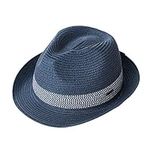 Comhats Mens Straw Trilby Hat Summer Fedora Hats Jazz Cap Cuban hat for Travel Beach Holiday Packabel Adjustable Navy Blue Large