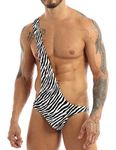 YiZYiF Men's One Shoulder Bodysuit Zebra Striped Print Mankini Swimsuit Underwear Suspender Thongs, Black, One Size