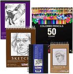 U.S. Art Supply 50 Piece Adult Coloring Book Artist Grade Colored Pencil Set with 4 Styles of Sketching & Drawing Paper - Sketching Shading Blending, Students Adults Beginners