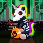 Joiedomi 5 FT Halloween Inflatables Skeleton Halloween Decor Outdoor, Halloween Blow Up Decorations Sitting Skeleton Unicorn with LEDs for Halloween Decorations Outside, Halloween Yard Decorations