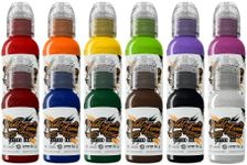 World Famous Tattoo Ink - 12 Primary Color Tattoo Kit #1 - Professional Tattoo Ink in Color Assortment, Includes White Tattoo Ink - Skin-Safe Permanent Tattooing - Vegan & Non-Toxic (1 oz Each)