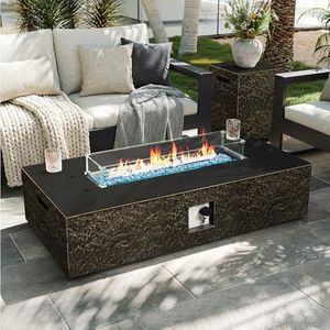 UPHA 56-inch Outdoor Propane Gas Fire Pit Table 50000 BTU Concrete Rectangle FirePit for Outside Patio with Propane Tank Cover, Wind Guard, Blue Glass Rocks, Rain Cover, Bronze
