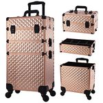 Professional Makeup Trolley Box 3 Tiers Vanity Rolling Case Cosmetic Organiser Box Beauty Case On Wheels Storage Case Lockable with Locks, Rose Gold