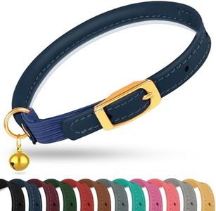 OOPSDOGGY Rolled Leather Cat Collar with Bell - Reflective Kitten Collar with Safety Elastic Strap - Adjustable Small Pet Collars for Boy Girl Cats (Blue)