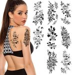 URAQT Temporary Tattoos, 8 Sheets 3D Extra Large Waterproof Sexy Flowers Fake Tattoo Kits, Arm Neck Face Temp Tattoo Temporary Tattoos Sticker for Women and Men, Black Halloween Fake Tattoos