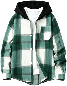 Boys Flannel Shirts Plaid Hoodie: Button Down Long Sleeve Shirt Fall Winter Fashion Lightweight Hooded Jacket Coats Green