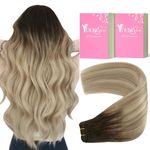 YoungSee Weft Hair Extensions Human Hair Ombre Blonde Sew in Real Hair Extensions Dark Brown Base with Medium Ash Blonde and Light Blonde Highlights Human Hair Sew in Extensions 20Inch 100G