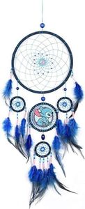 Manduza Blue Dream Catcher Embroidery Dog Feathers, Handmade Native American Dreamcatcher for Kids Bedroom Home Decor Bohemian Wall Hanging Ornaments Wedding Party Festival Gift Dia. 7.5inch