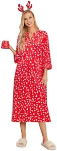 Ekouaer Women's Velour Zip Front Bathrobe Soft 3/4 Sleeves Warm Long Plush Robe Fluffy Housecoat Sleepwear Xmas Red L, Velour-christmas Red Print