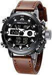 MEGALITH Mens Watches Digital Waterproof Military Watch Sports Analog Quartz Multifunctional Tactical Heavy Duty Brown Leather Watch, Men's Wrist Watches LED Dual Time Backlight Alarm Stopwatch