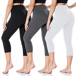 DHSO High Waisted Capri Leggings for Women, Non See-Through Tummy Control Workout Yoga Pants for Running, Cycling 3 Pack Black, Gray, White, Small-Medium