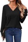 YSYOKOW Womens Long Sleeve Blouses Dressy Casual Tops Trendy V Neck Shirts Fashion Decorative Buttons Knit Tunic(Black, Medium)