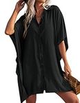 AI'MAGE Women Swimsuit Cover Up 3/4 Sleeve Beachwear Bikini Coverups Button Down Oversized Cover Up Shirt Black L