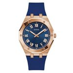 GUESS Silicone Men 42Mm Analog Watch - Blue Strap Blue Dial Rose Gold Tone Case, Blue, Classic, Blue Band