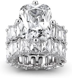 Jeulia Cushion Cut Three Sided Pave Sterling Silver Eternity Ring Cubic Zirconia Art Deco Halo Wedding Engagement Anniversary Rings Set (silver, 10)