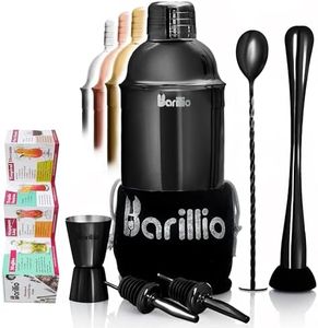 Black Cocktail Shaker Set Bartender Kit by BARILLIO: 24 oz Stainless Steel Martini Mixer, Muddler, Mixing Spoon, Jigger, 2 Liquor pourers, Velvet Bag, Recipes Booklet & eBook