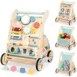 LOL-FUN Wooden Baby Walker 6-12 Months, Push Walker With Double-Sided Activity Board, Sensory Learning Toy, First Birthday Gift For Boys Girls