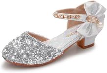 Mei MACLEOD Girls Dress Shoes Low Heel Princess Shoes Sparkly Mary Jane Shoes with Pearl Bowknot for Wedding Party