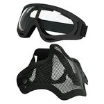 Aoutacc Airsoft Mesh Mask and Goggles Set, Half Face Steel Mesh Mask and Goggles for CS/Hunting/Paintball/Shooting (Black.)