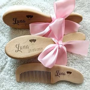 Lot De 3 Brosses À Cheveux Personnalisées For Bébé, Brosse Et Peigne En Bois, Brosse De Massage De Tête For Bébé, Nouveau-né Baptême, Shower, Panier De Pâques, Anniversaire Ou Naissance Toilette