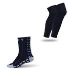 MIzaki Cotton Grip Football Socks and Leg sleeve Combo Pack for Men & Women, Football Cotton Grip Stockings with Leg Protection/Leg Compression warmers, Soccer Socks, (Black)