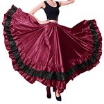 BACKGARDEN Women Black Red Layers Satin Long Skirt for Spanish Flamenco Belly Dance Mexico Ballet Folklorico Performance, Wine Theme, One Size
