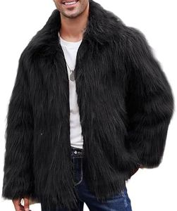 Gihuo Faux Fur Coat Winter Jackets for Men Mens Winter Coats Faux Fur Jacket Warm Fluffy Furry Trench Fake Fur Jacket (Black-XLarge)