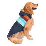 HDE Dog Puffer Jacket Fleece Lined Warm Dog Parka Winter Coat with Harness Hole Navy Retro Stripe - XL