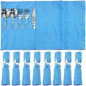 ikaufen 10PCS Anti Tarnish Silver Protector Bags Blue Holder for Silverware Flatware Storage Organizer Cloth Place Setting Roll with White Ribbon for Kitchen Utensils