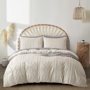 King Quilt Cover, 3PCS Boho Tufted Duvet Cover King Size, Jacquard Geometric Pattern Bedding Sets-1 Beige Duvet Cover & 2 Pillowcases