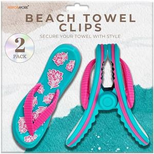 PERFORMORE Flip Flop Beach Towel Clips (Pink Strap), 2-Pack, Portable Towel Holder Clips, Secure Clips for Beach Chairs Deck Patio Pool Boat Cruise Lounge Chair Accessories