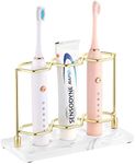 Emibele Toothbrush Holder, Resin Electric Toothbrush Holder with 3 Slots 2 Layers, Non-Slip Bathroom Accessories Organizer Toothbrush Toothpaste Razor Cleanser, Gold + Marble White