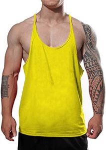 GYMAPE Men's Gym Stringer Singlet Stretchy Bodybuilding Workout Tank Top Cotton Pure, Yellow, S