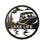 Lake House Gifts - Our Lake Signs will Enhance Lake Life Decor Indoor or Outdoor - Black Powdercoat Metal Sign - Paintable - Lake Life with Speedboat, 18 Inch Diameter