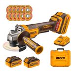 INGCO 115mm Brushless Angle Grinder 20V Cordless Grinder Tools 8000RPM with Safety Trigger Switch with 2Pcs 4.0Ah Battery and 1Pcs Charger, 10Pcs Cutting Discs