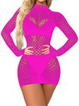 CHICTRY Women's Fishnet Lingerie Babydoll Mesh Sheer Cutout Chemise Babydoll Sleepwear Mini Dress 2# Hot Pink One Size