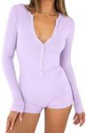 INFITTY Womens Sexy One Piece Long Sleeve V Neck Rompers 2024 Fall Ribbed Button Down Yoga Jumpsuit Casual Pajama Outfit, Light Purple, Medium