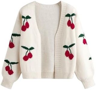 GORGLITTER Girl's Cherry Pattern Open Front Cardigan Long Sleeve Lightweight Knit Sweater Tops Beige 11-12Y
