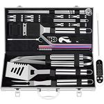 ROMANTICIST 26pcs Extra Thick Stainless Steel Grill Tool Set for Men, Heavy Duty Grilling Accessory Kit for Backyard, BBQ Utensils Gift Set with Meat Thermometer in Aluminum Case for Birthday Silver