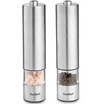 VonShef Electric Salt & Pepper Grinder Set, Stainless Steel Push Button Salt & Pepper Mills, Easy Refill with Adjustable Coarseness Settings, Battery Operated