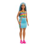 Barbie Fashionistas Doll #218 with Long Blue Hair, Rainbow Top & Teal Skirt, 65th Anniversary Collectible Fashion Doll