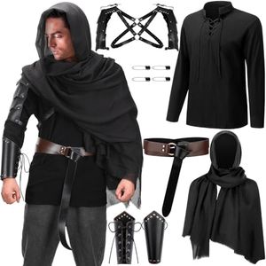 Leumoi Medieval Knight Costume Men Includes Renaissance Henley Shirt Leather Belt Shawl Half Shoulder Cape Scarf Bracers Pins (X-Large)