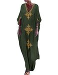 Bsubseach Gold Embroidery Long Kaftan Dresses V Neck Caftan Dress Beach Cover Ups for Women Army Green