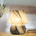 Mushroom Lamp, Stepless Dimmable Small Table Lamp for Bedroom with Black Striped Glass, Cute Bedside Lamp Crystal Night Light for Living Room Nightstand Office Aesthetic Home Decor(LED Bulb Included)