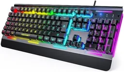 TECKNET RGB Gaming Keyboard, 105 Keys, All-Metal Panel, 15-Zone RGB Illumination, Silent Keyboard with Wrist Rest, 25 Anti-ghosting Keys, IP32 Water Resistance, USB Wired Keyboard for PC, Mac, Laptop