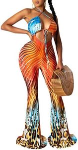 Remelon Womens Spaghetti Strap Halter Stripe Leopard Print Cut Out Bodycon Bell Flare Pants Club Party One Piece Jumpsuits Rompers Orange S