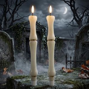Lasumora Halloween Flameless Taper Candles with 6H Timer, 2 Pcs Hand-Painted Bone Sculpture Shape LED Candlesticks with 3D Flickering Flame for Home Fall Indoor Halloween Decor(0.78 x 11.6 Inches)