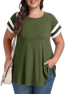LARACE Women's Plus Size Tops Summer Basic Tunic Short Sleeve Casual Round Neck T Shirt, Armygreen/White, 4XL Plus