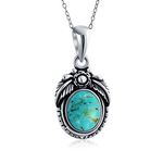 Personalized South Western Gemstone Blue Turquoise Oval Leaf Feather Pendant Necklace Western Jewelry for Women .925 Sterling Silver Customizable